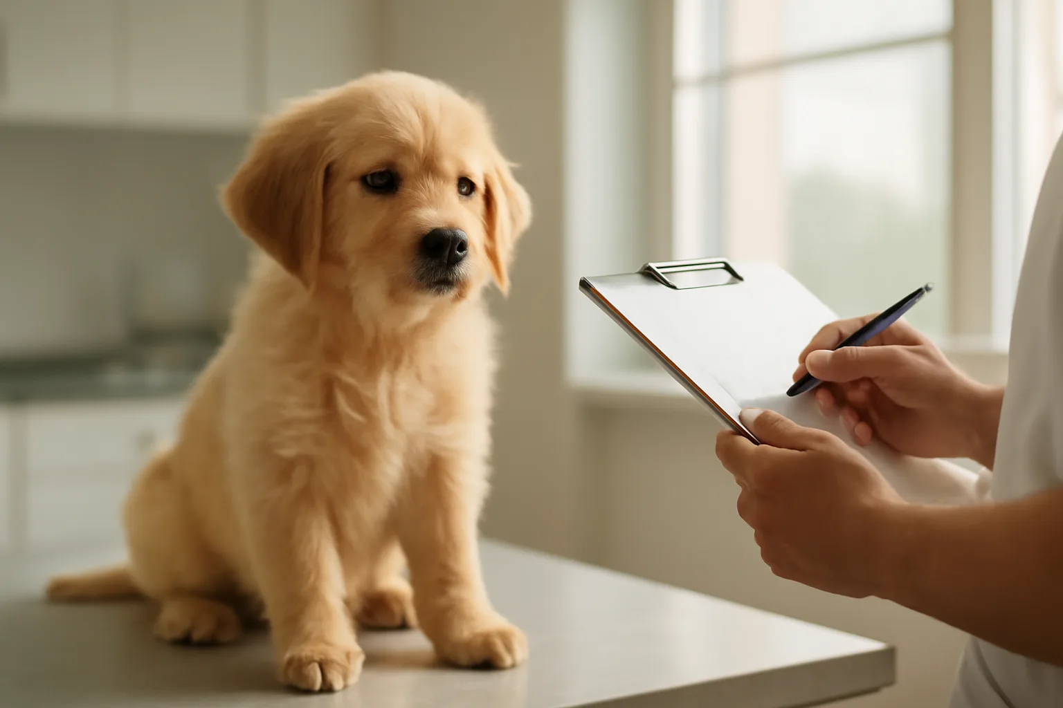 Puppy on a vet exam table during a checkup related to registration paperwork