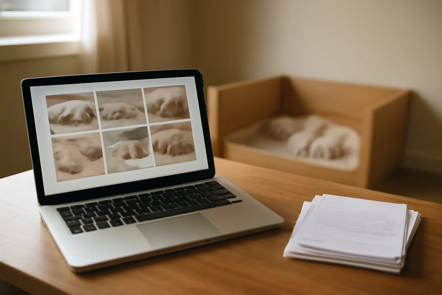 Breeder's desk with laptop and vaccination records near a whelping box