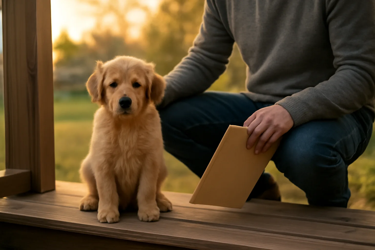 Owner kneeling beside a puppy on a porch, holding registration documents outdoors