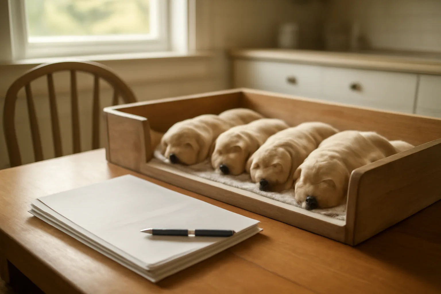 Litter registration paperwork on a table beside sleeping puppies in a whelping box