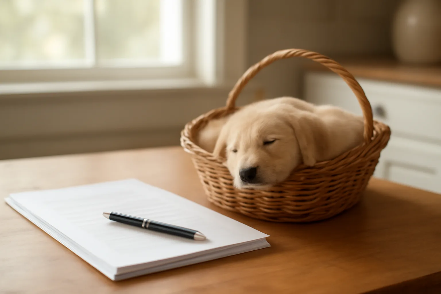 Puppy registration paperwork and pen on a table beside a sleeping puppy
