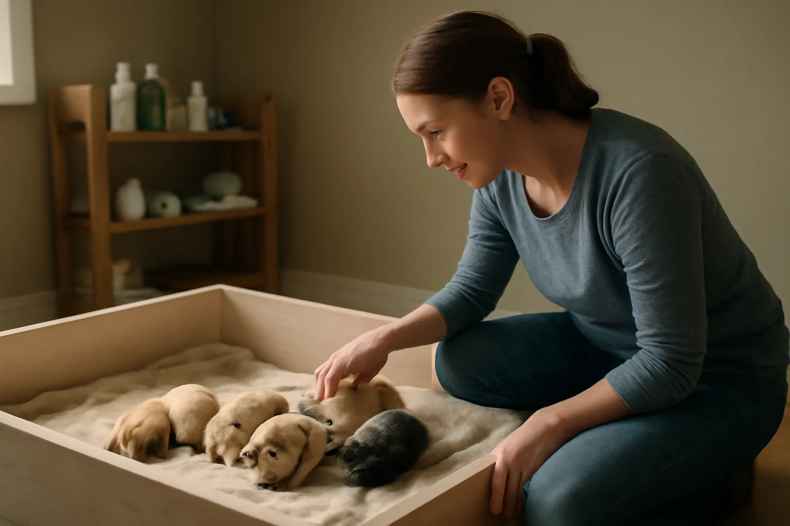 Breeder kneeling beside a whelping box with newborn puppies in morning light