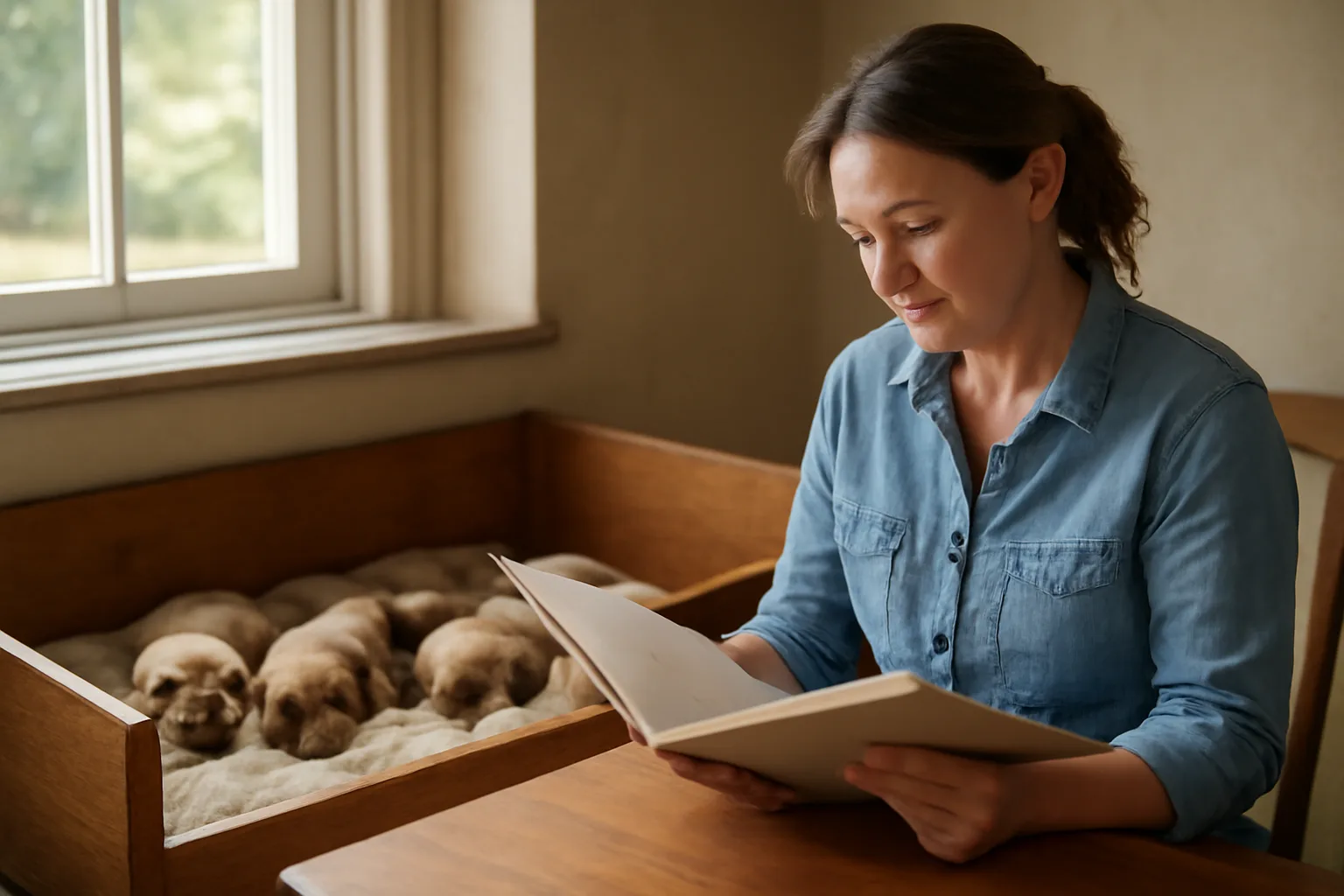 Breeder reviewing litter paperwork beside a whelping box of sleeping puppies