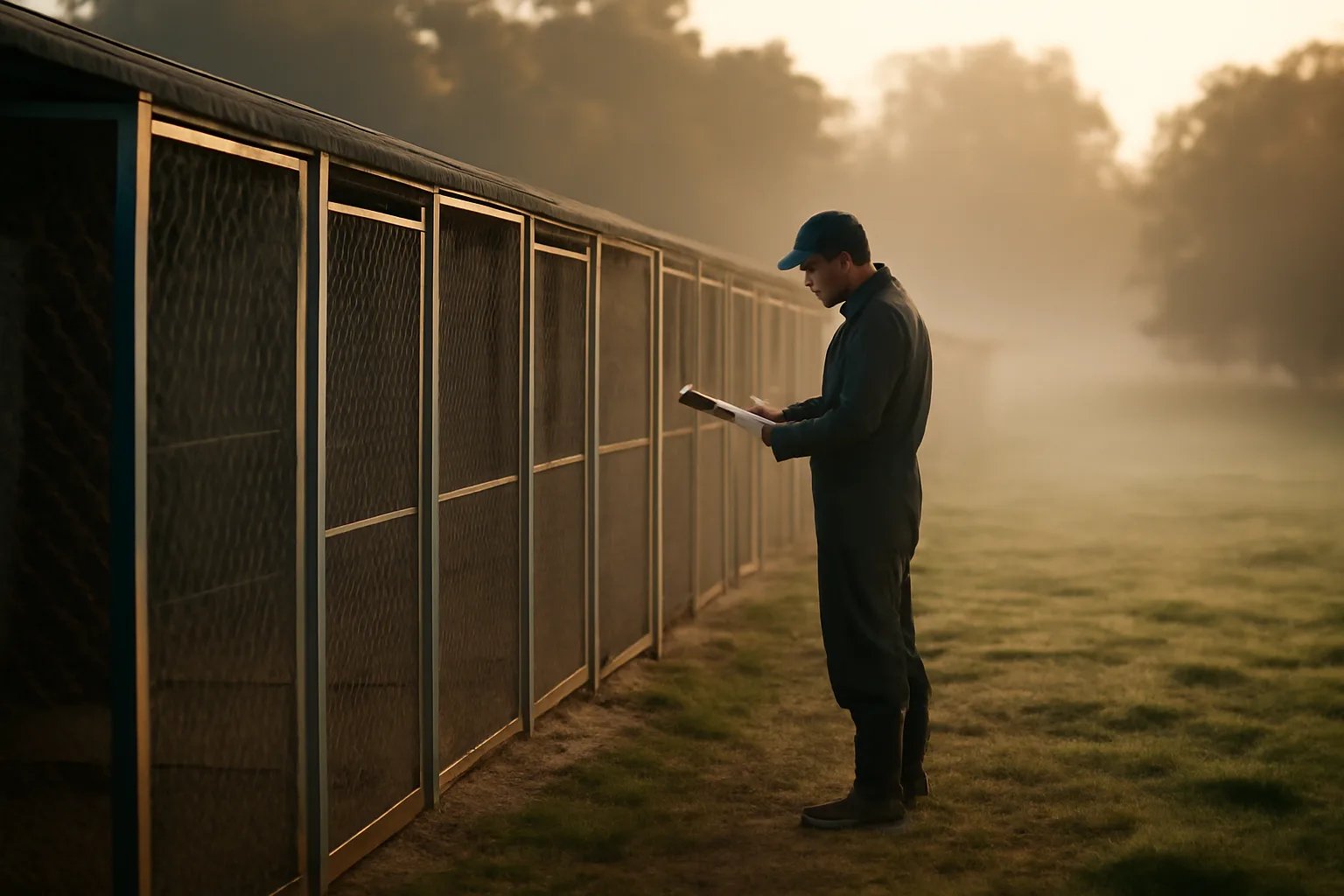 Kennel operator inspecting outdoor dog runs during a breeder license verification check