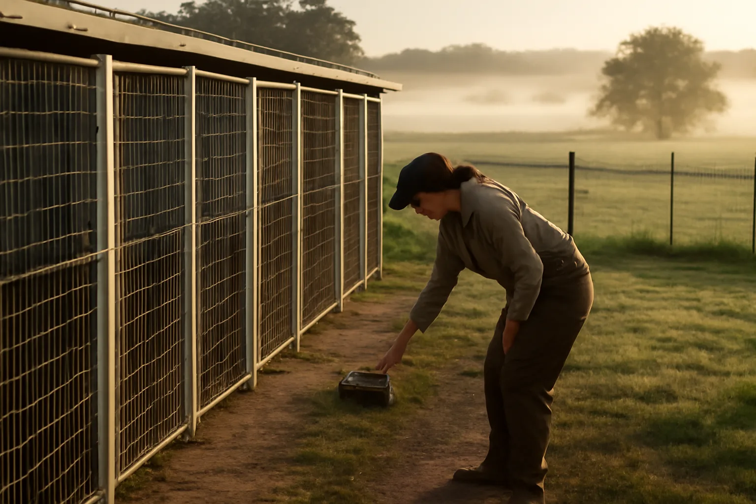 Breeder checking kennel runs outdoors on a rural property at sunrise