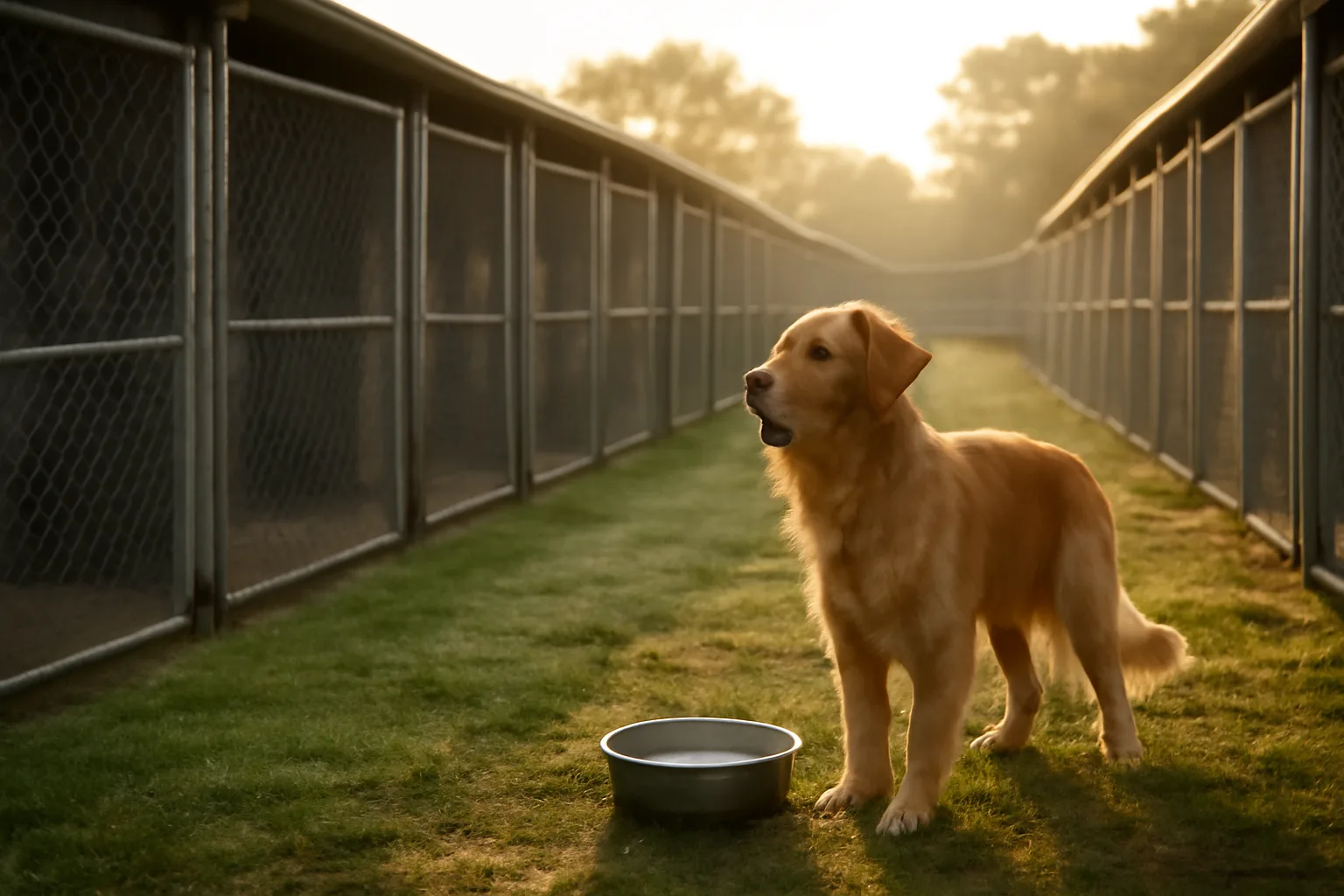 Outdoor kennel runs at a dog breeding facility in early morning light