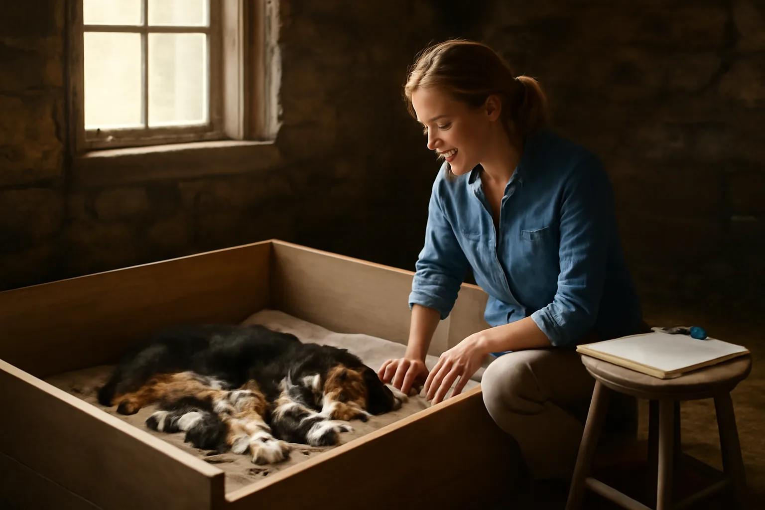 Breeder checking a litter of puppies in a whelping box on a working dog breeding property