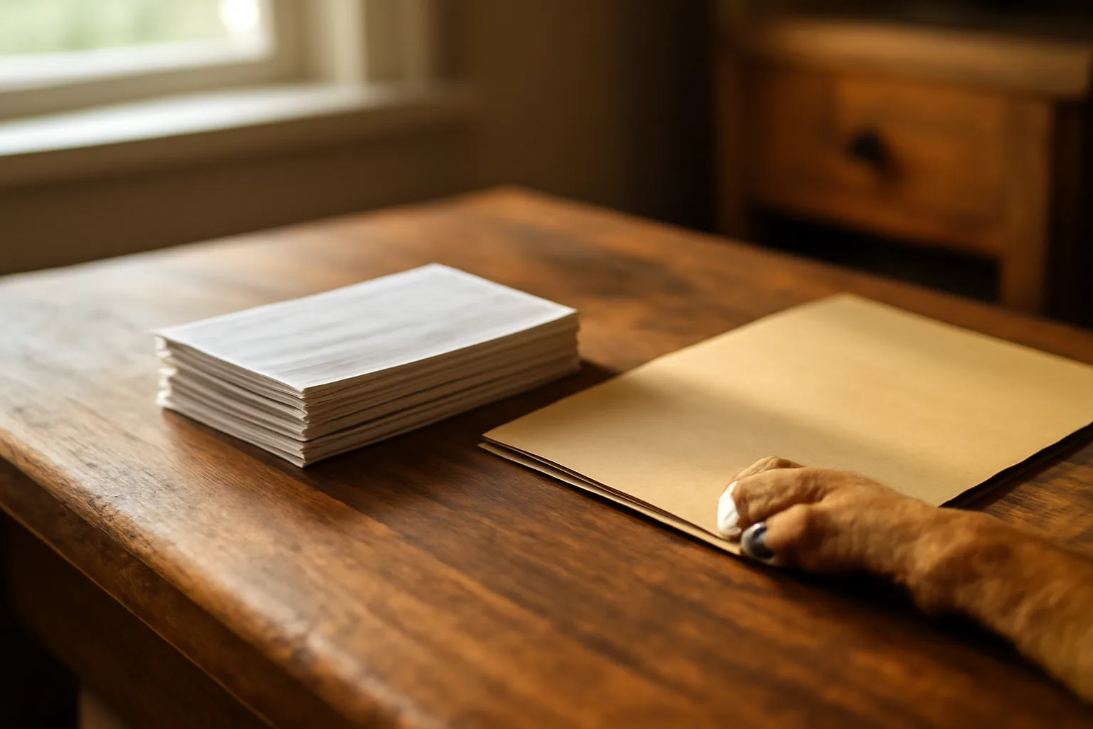 Desk with dog vaccination records and paperwork folder, representing dog registration documents