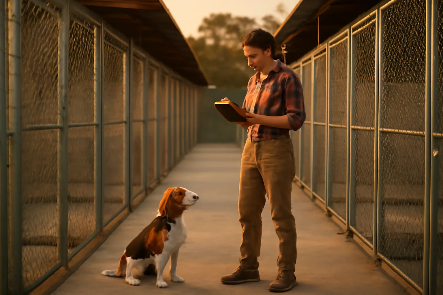 Breeder checking kennel runs at a small rural dog breeding facility at dusk