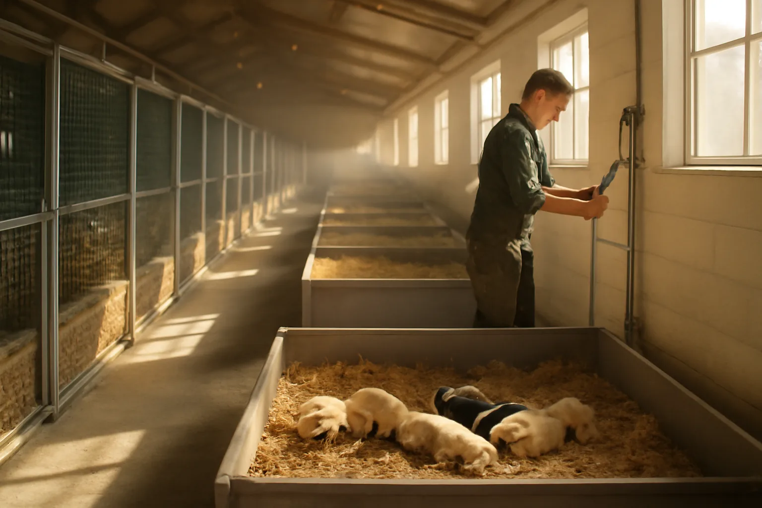 Kennel operator checking whelping pen inside licensed dog breeding facility at sunrise