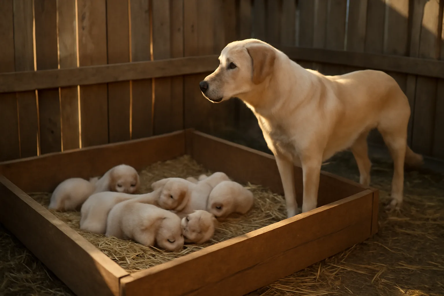 Whelping box with puppies in a backyard dog breeding kennel setting