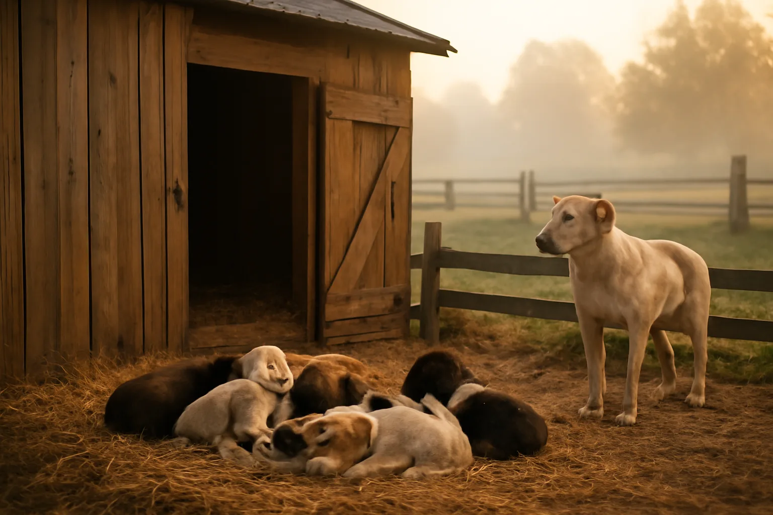 Puppies in a straw-lined outdoor pen at a small home dog breeding kennel