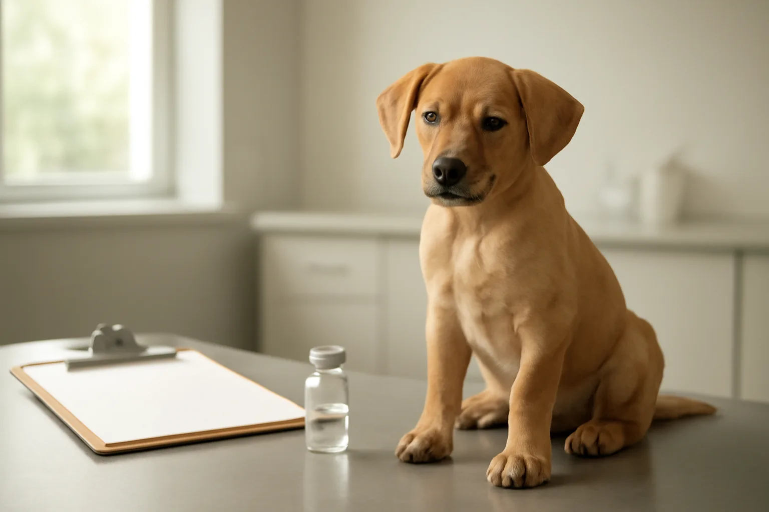 Puppy on a vet exam table beside vaccination supplies, related to dog birth certificate paperwork