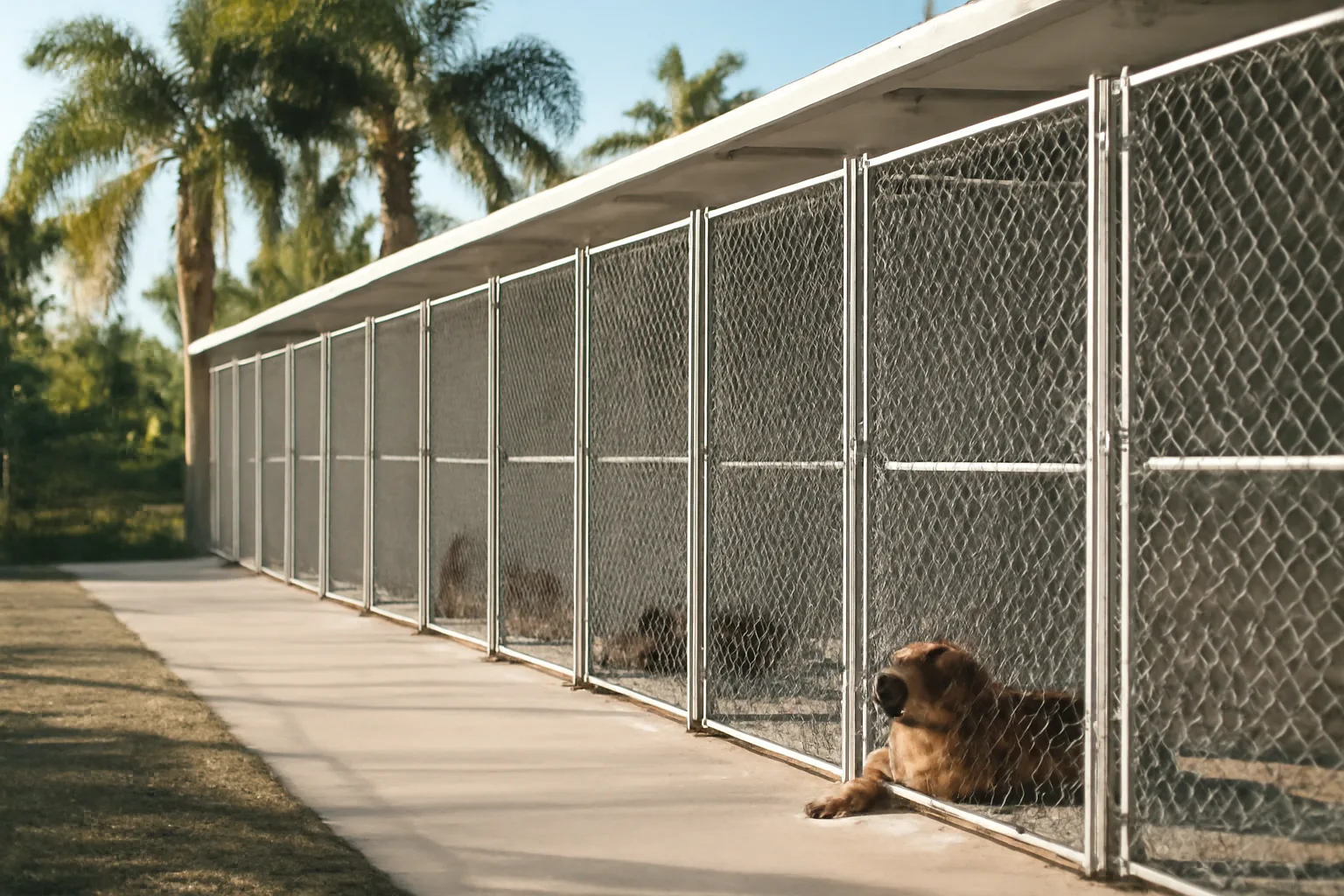 Outdoor kennel runs on a Florida dog breeding property in morning light