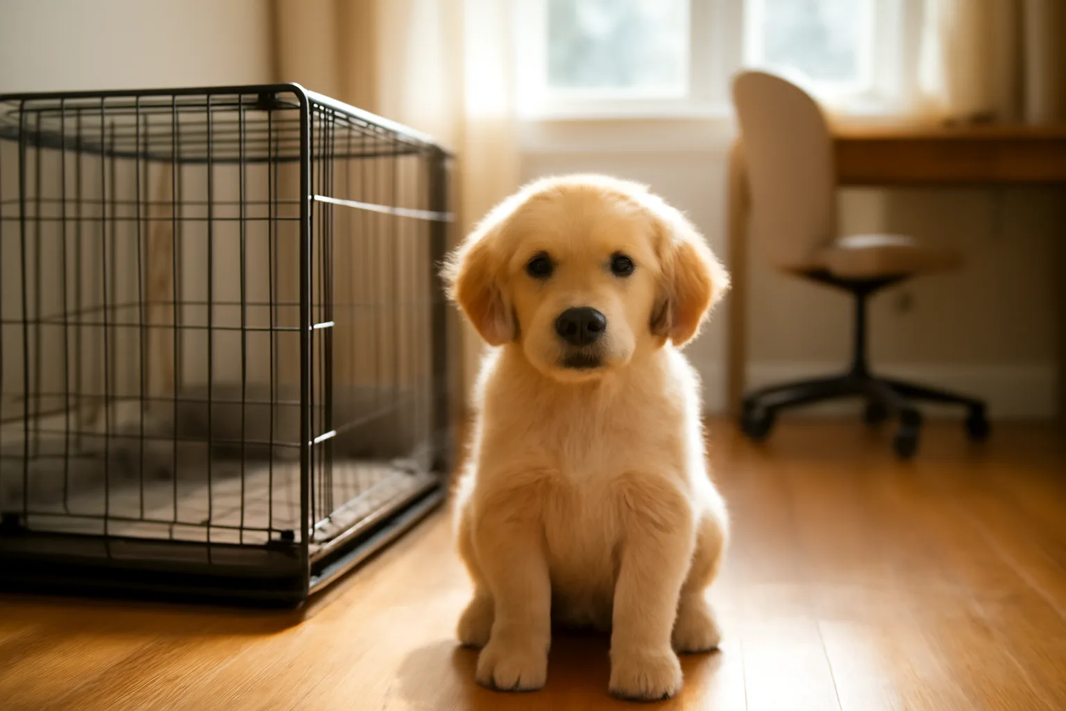Puppy sitting near an open crate in a sunlit room, illustrating dog AKC registration