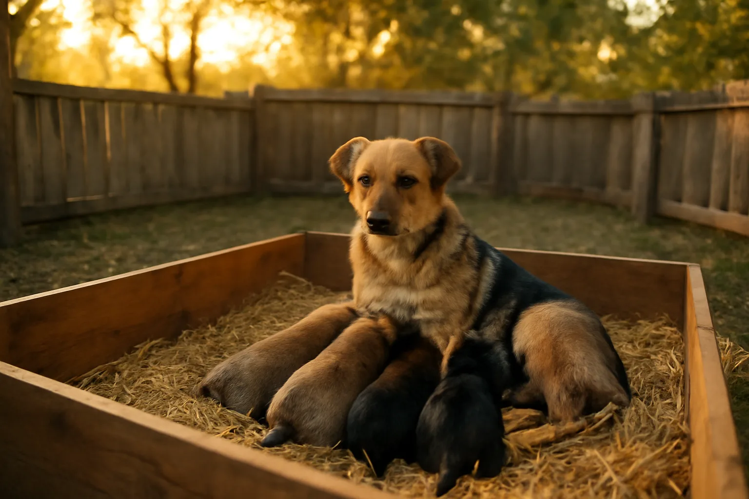 Dog breeder's whelping box with nursing mother and puppies in a home kennel yard