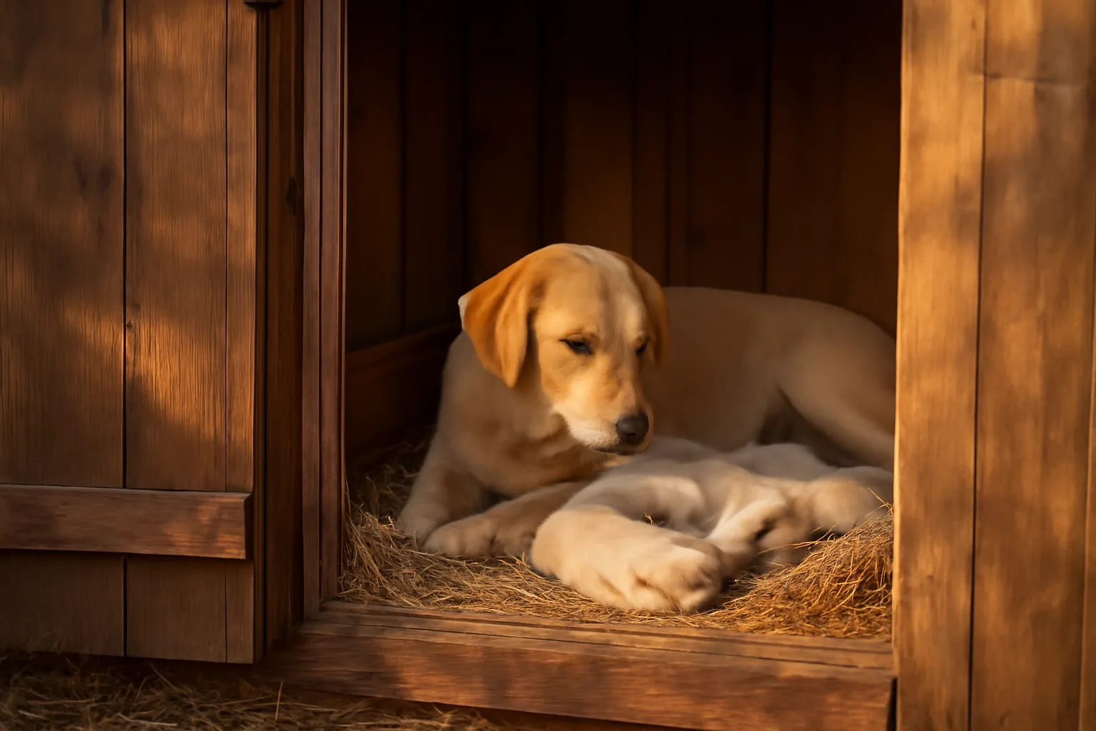 Mother dog and puppies resting in a wooden whelping box at a small home kennel