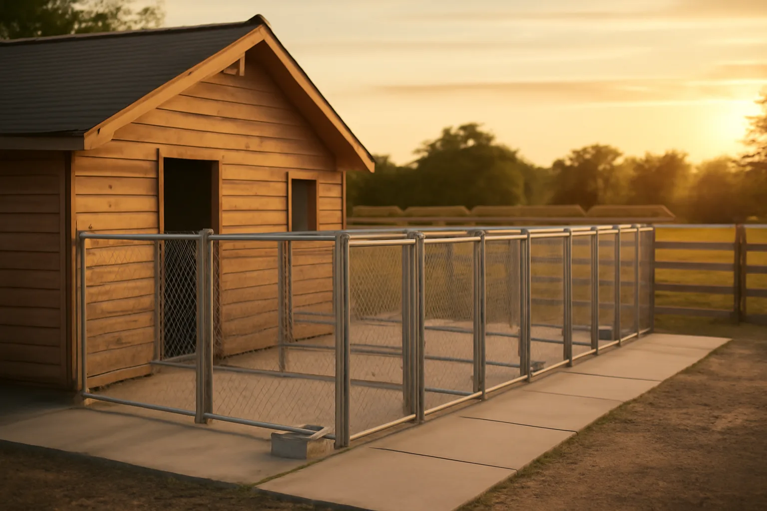 Outdoor dog breeding kennel runs on a rural property at sunset