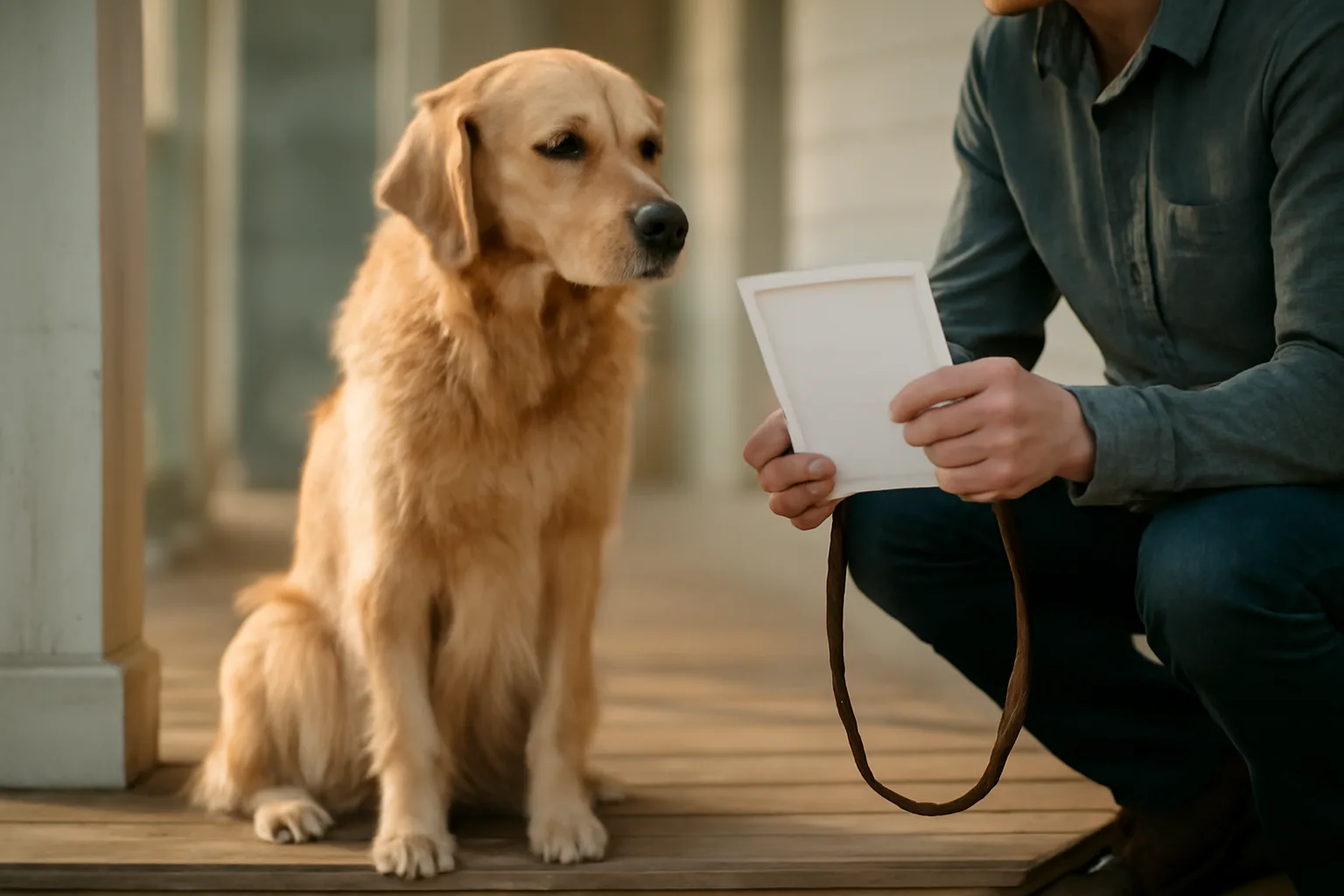 Person kneeling beside a dog on a porch holding vaccination paperwork and a leash