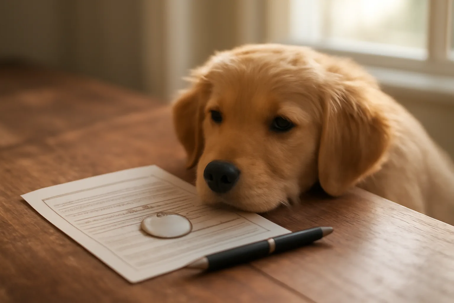 Dog license tag and vaccination certificate on a table with a puppy nearby