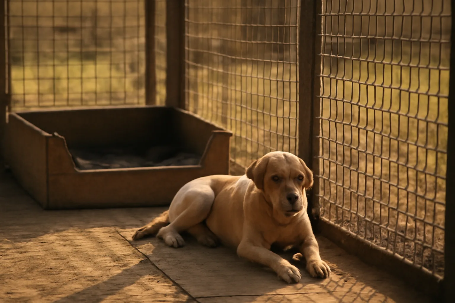outdoor kennel run with a mother dog resting near a whelping box at dawn