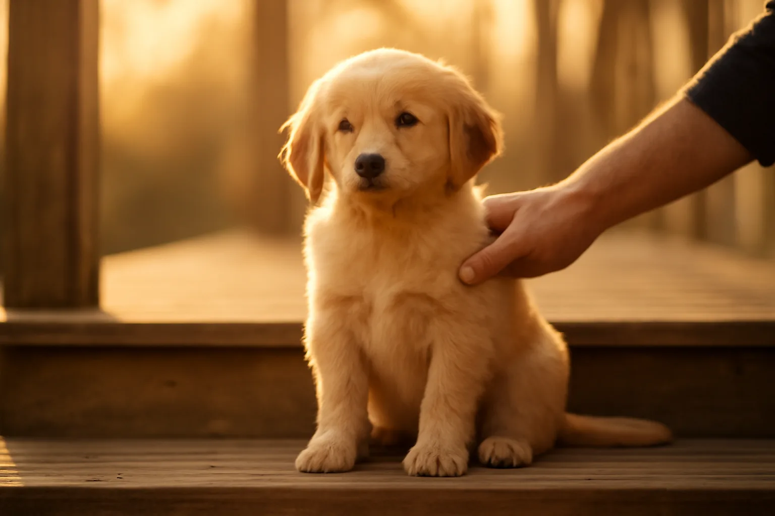 puppy sitting on porch step with owner's hand resting on its back