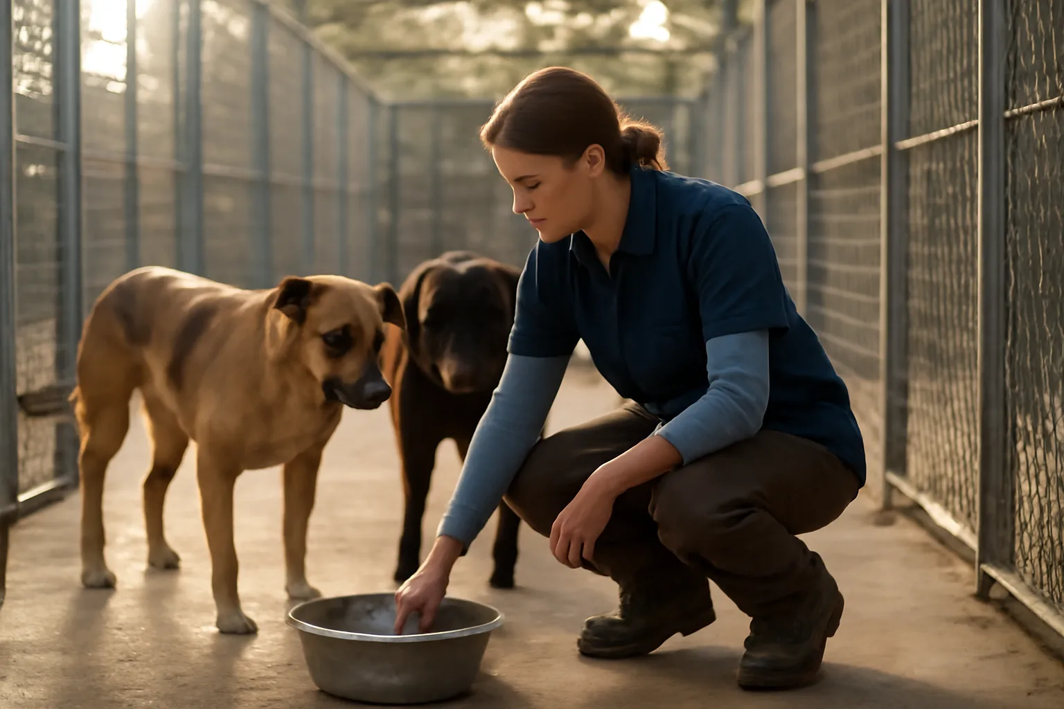 Breeder checking water and dogs in outdoor kennel runs at a licensed facility
