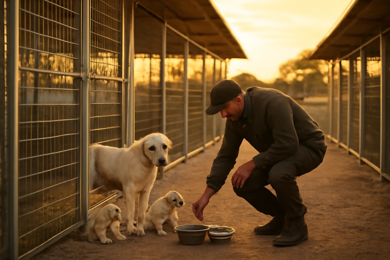 Breeder checking water in an outdoor kennel run with a mother dog and puppies