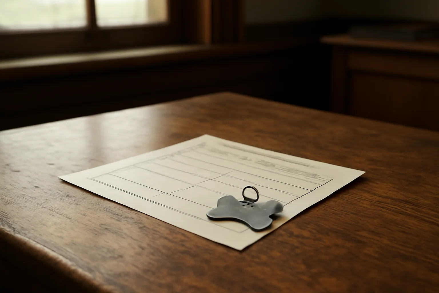 County office counter with a dog license tag and vaccination certificate in soft morning light