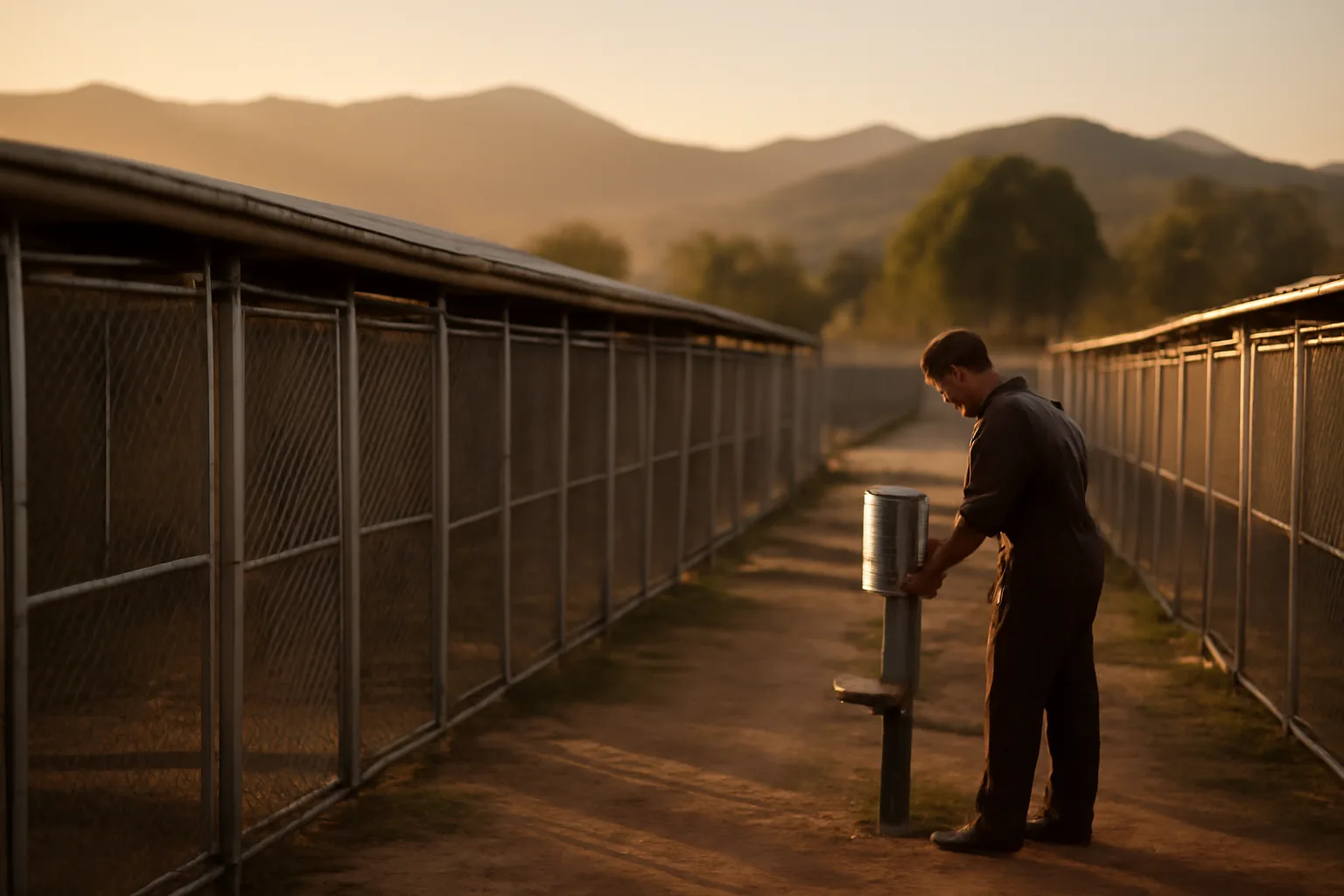 Breeder checking outdoor dog kennel runs at a licensed rural facility