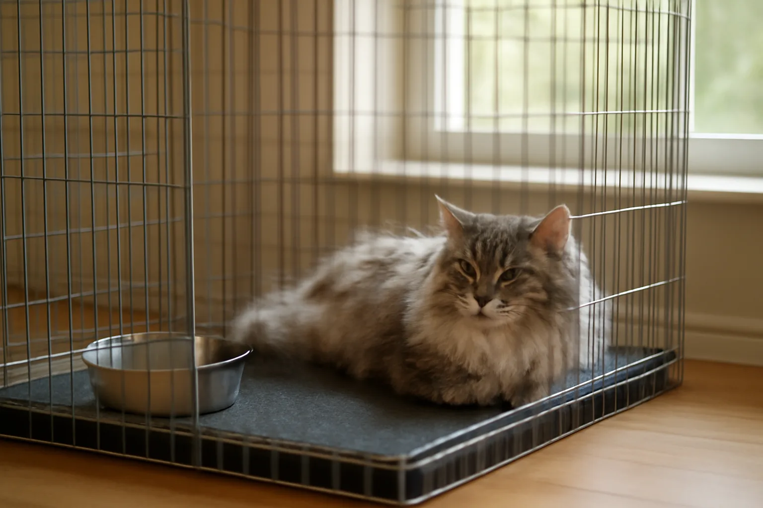 A pedigree cat resting in a clean home cattery enclosure with natural light