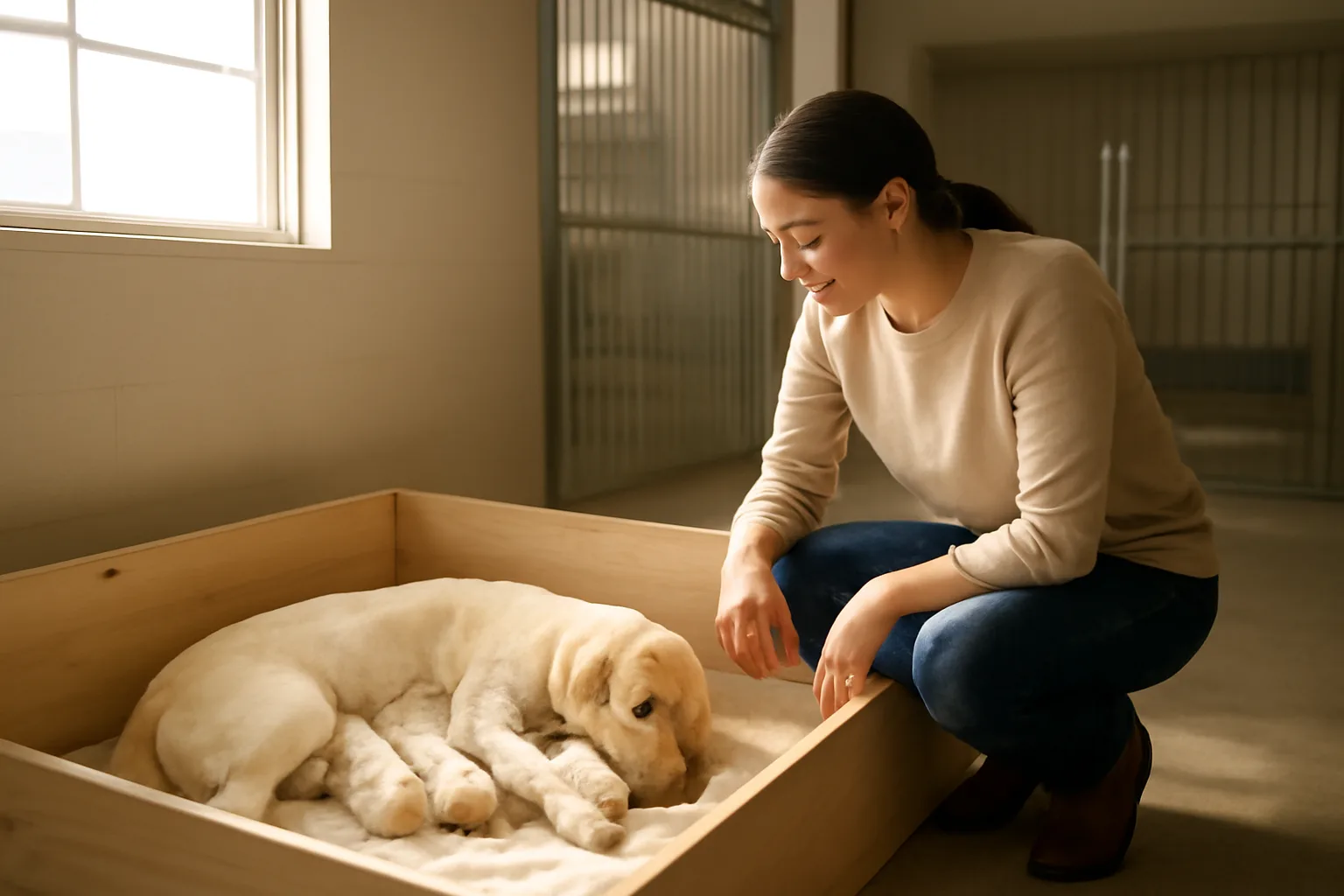 breeder checking a whelping box of nursing puppies in a sunlit kennel