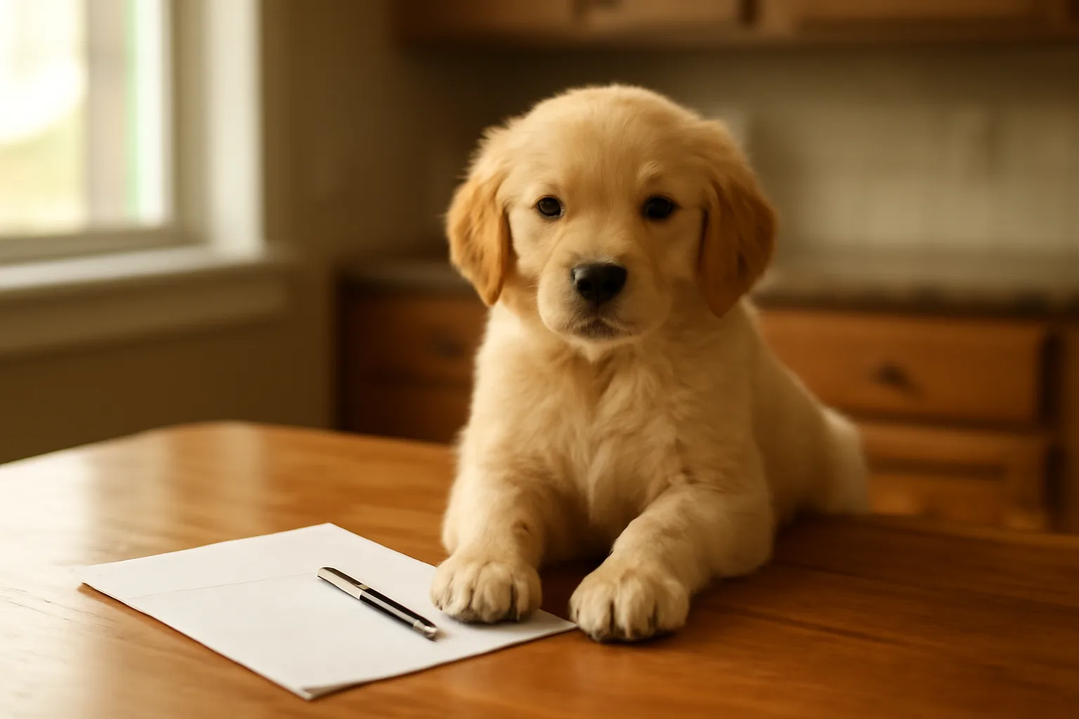 Puppy sitting beside registration paperwork on a table in soft morning light
