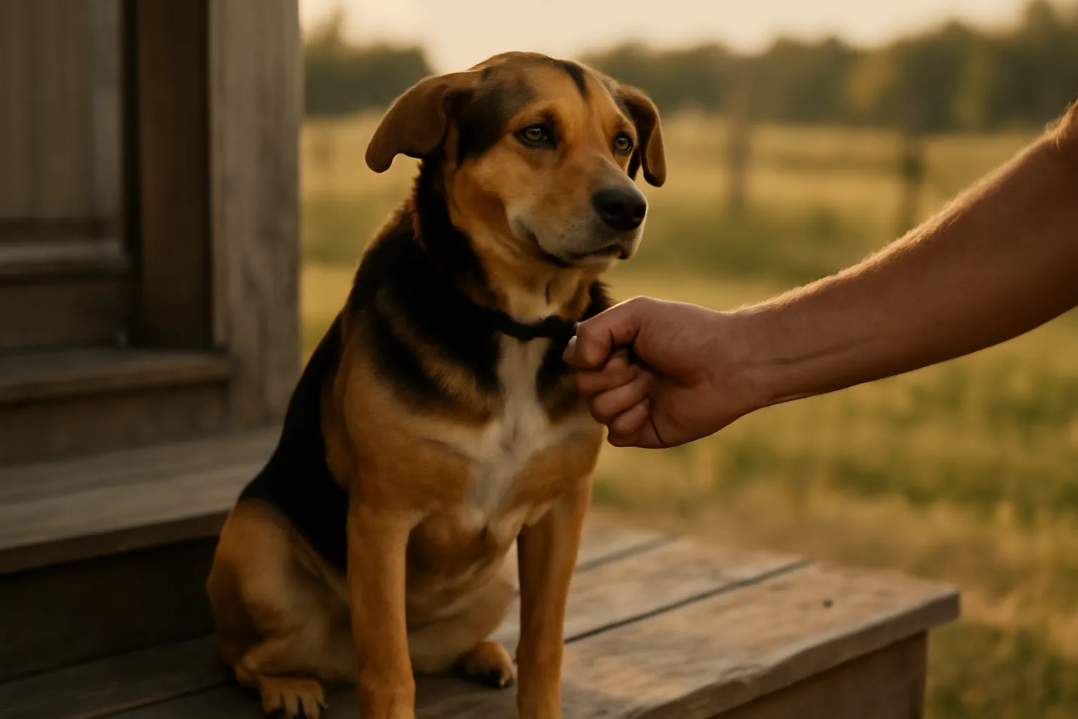 Mixed-breed dog without registration papers sitting on a porch in afternoon light