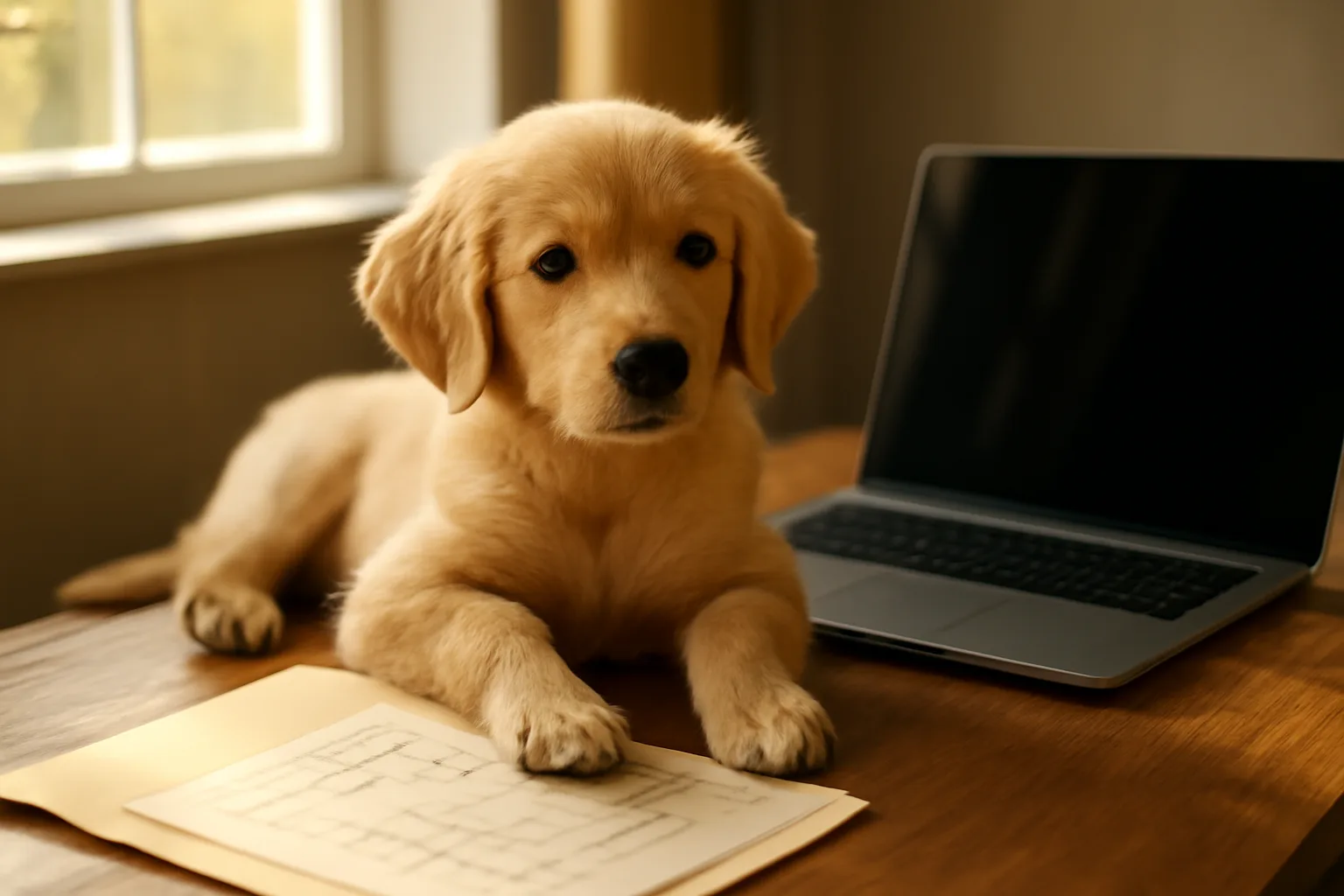 Puppy sitting near pedigree paperwork and laptop during AKC registration process