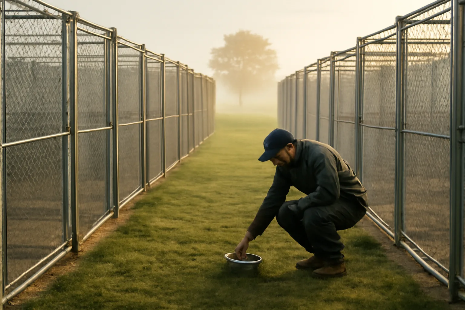Breeder checking outdoor dog runs at a licensed kennel facility in morning light