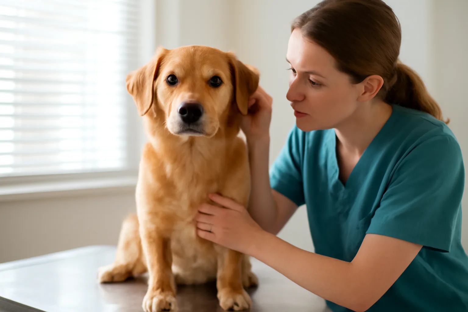 Dog on exam table during a veterinary check, relevant to registering a dog with AKC without papers