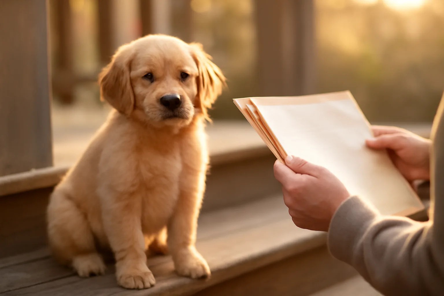 Puppy on porch steps with owner holding documents during golden hour light