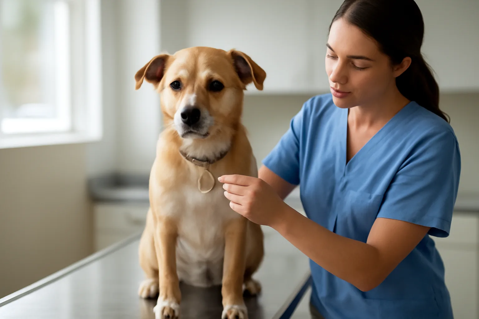 Mixed-breed dog with a collar tag being examined in a veterinary clinic