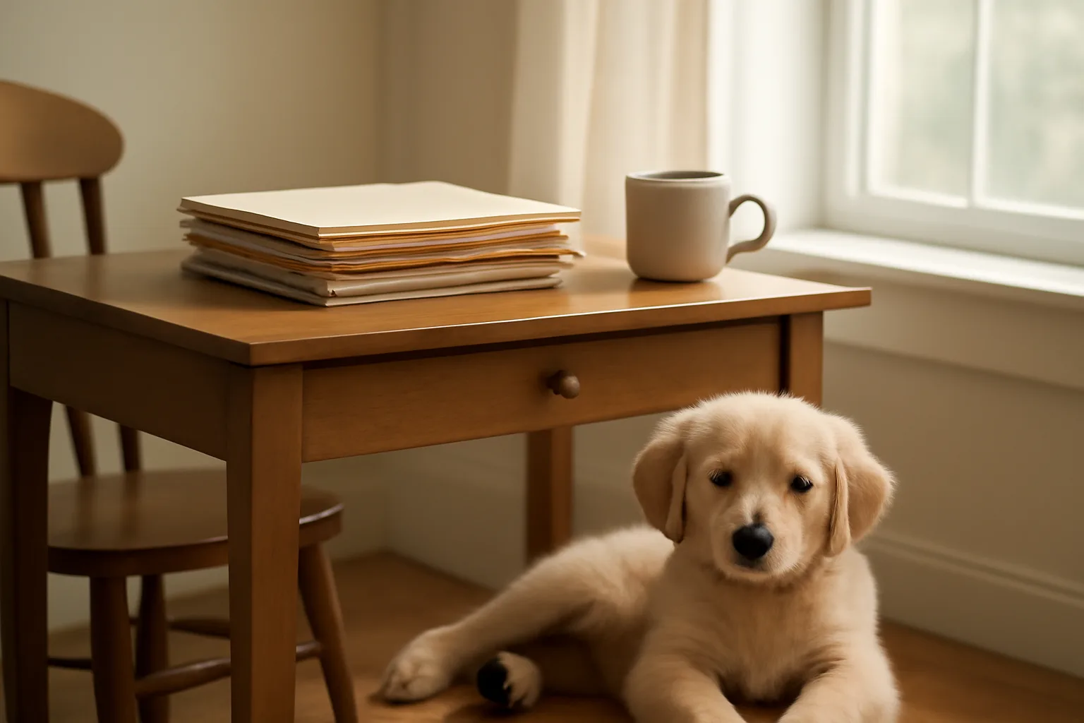 Puppy resting near a desk with pedigree paperwork during dog registration process