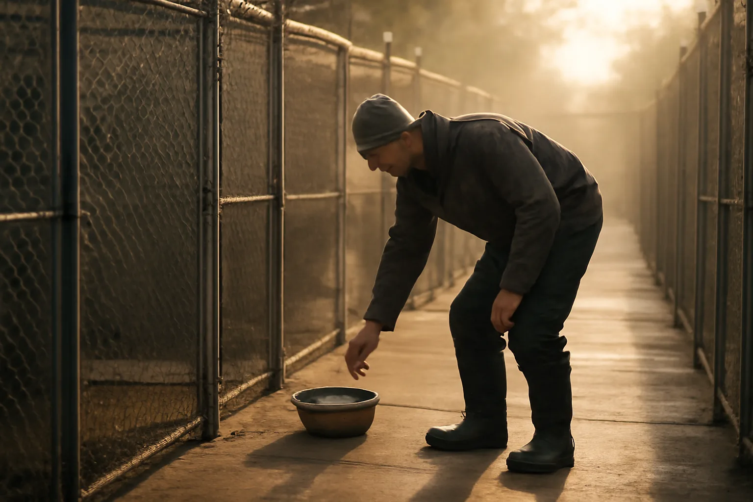 Kennel operator checking dog runs outdoors at sunrise on a breeding facility