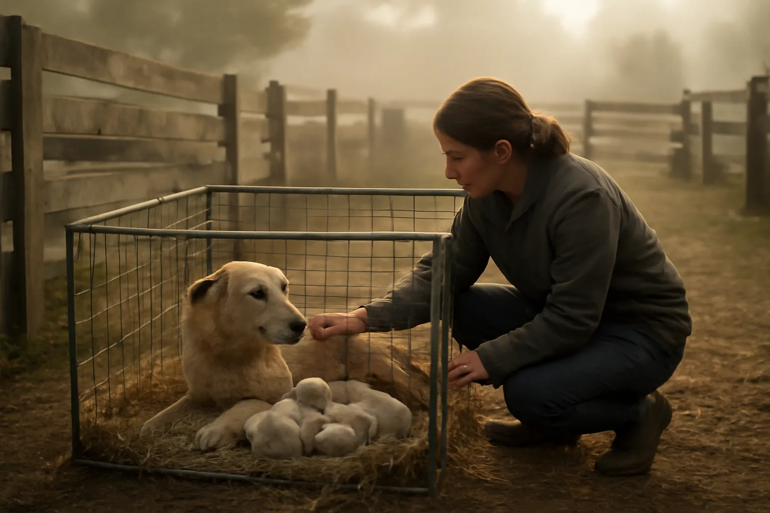Breeder checking on a mother dog and puppies in an outdoor kennel pen at dawn