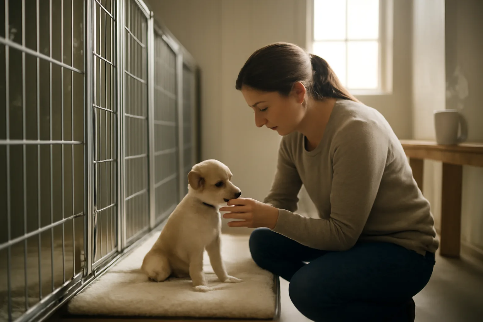 Breeder checking a puppy in a clean home kennel during morning inspection routine