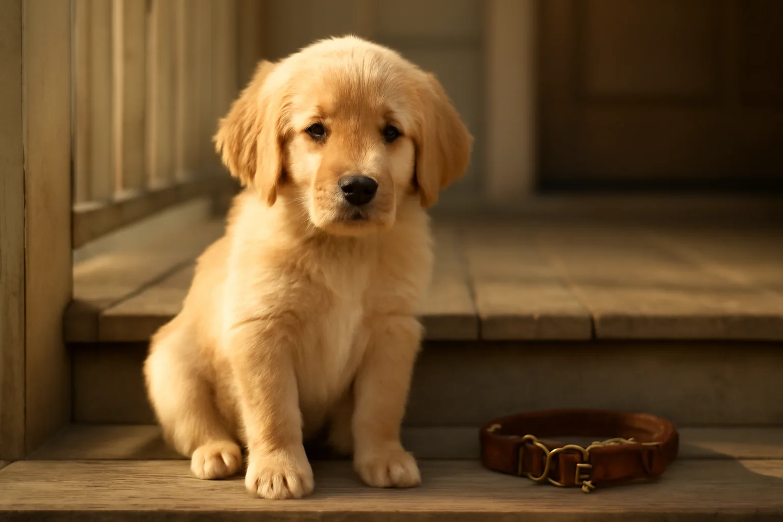 Purebred puppy on a porch step beside a collar and tag in morning light