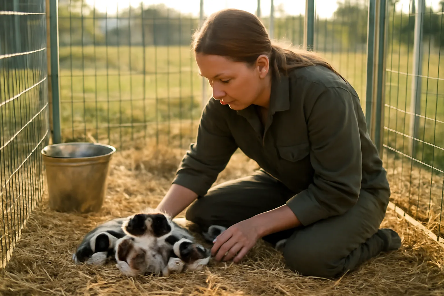 Breeder checking a litter of puppies in an outdoor kennel run at sunrise