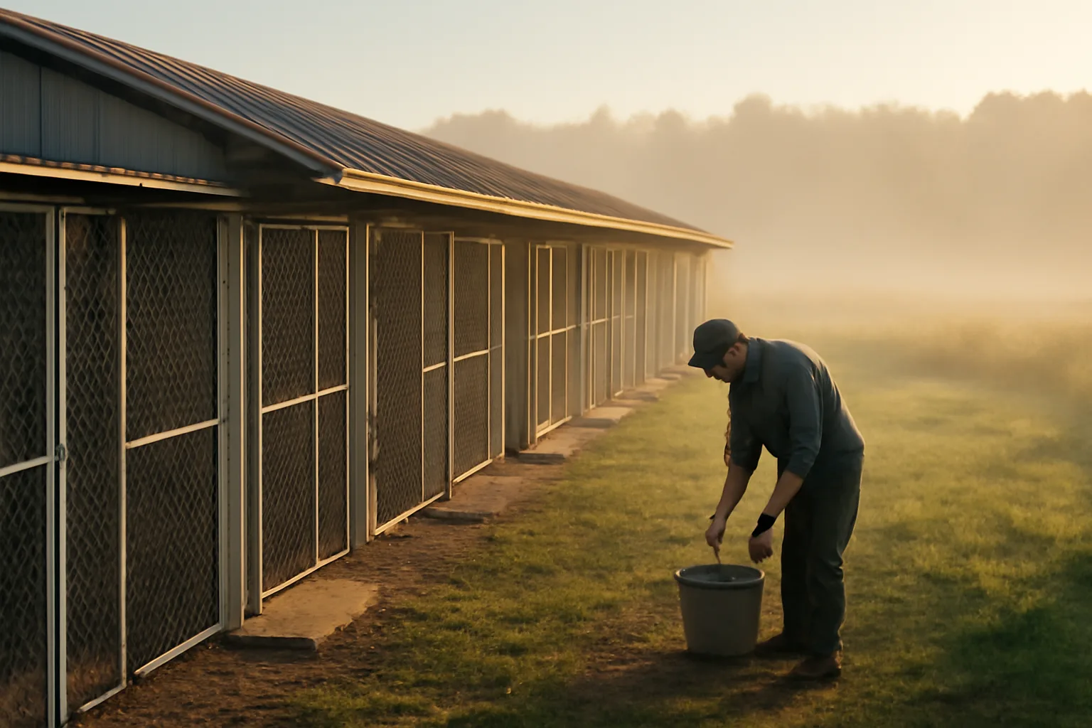 Kennel runs at a rural dog breeding facility in early morning light