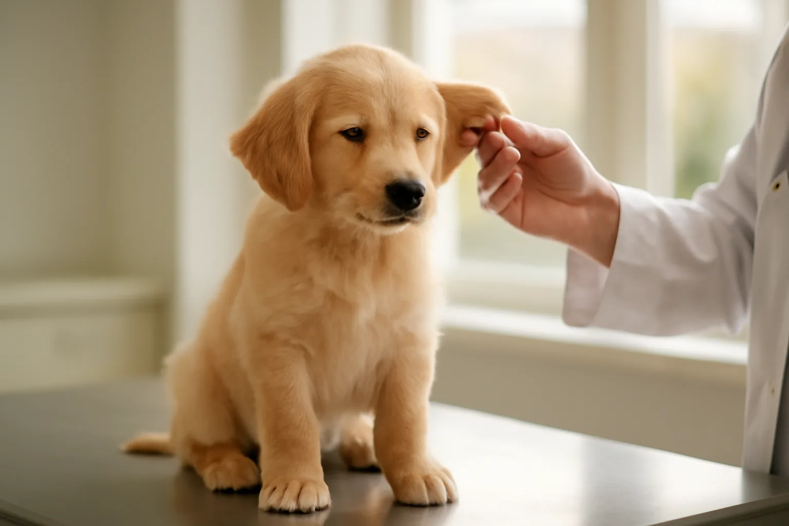Puppy examined at vet clinic, illustrating what AKC registered dogs actually confirm