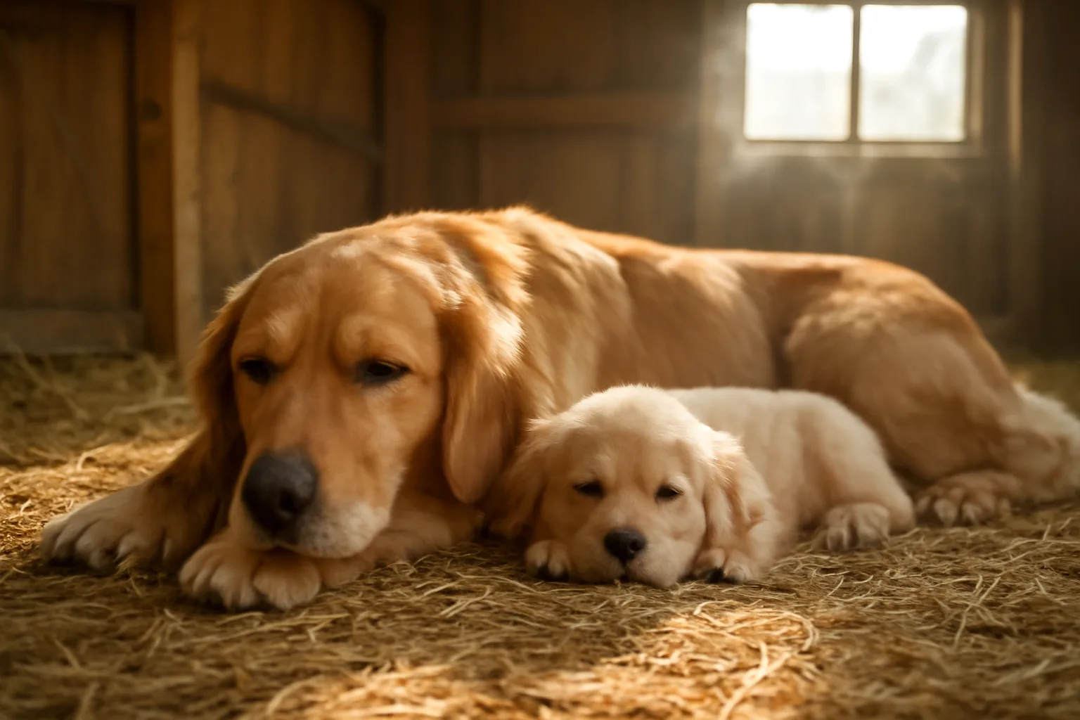 Mother dog and puppy resting in a sunlit barn whelping area