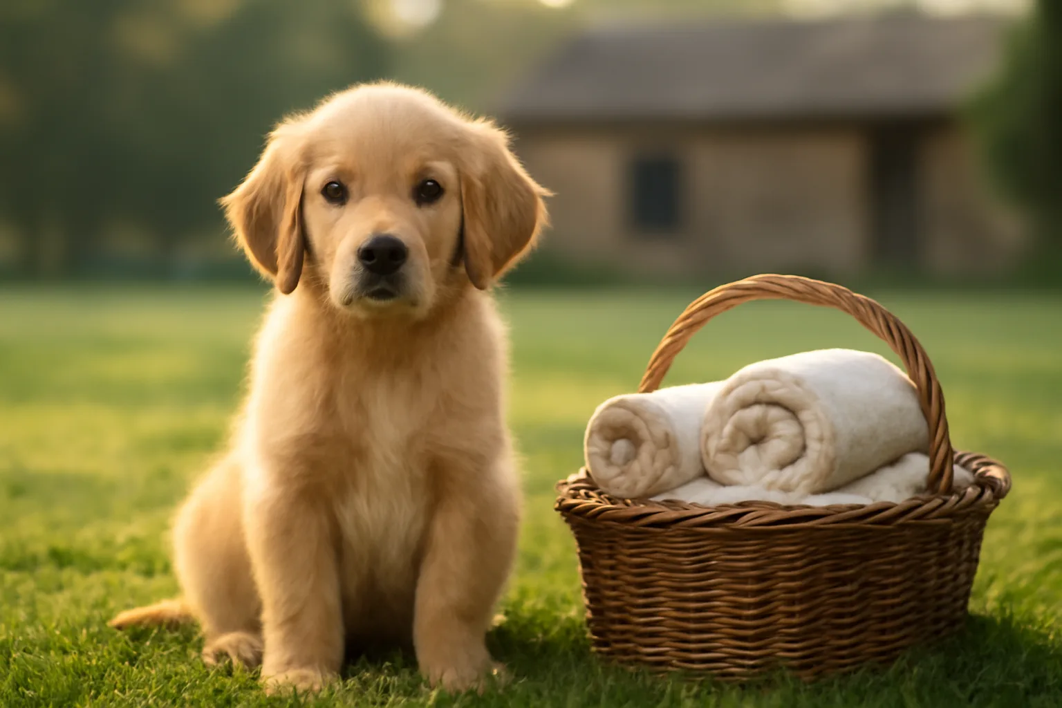 Purebred golden retriever puppy outdoors near a kennel building in morning light