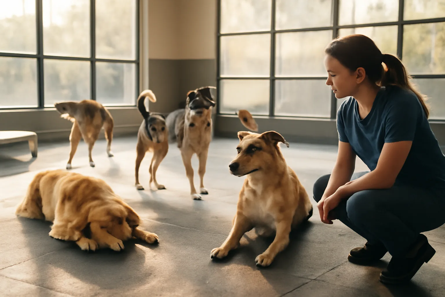 Dog daycare play area with several dogs and a staff member during morning hours